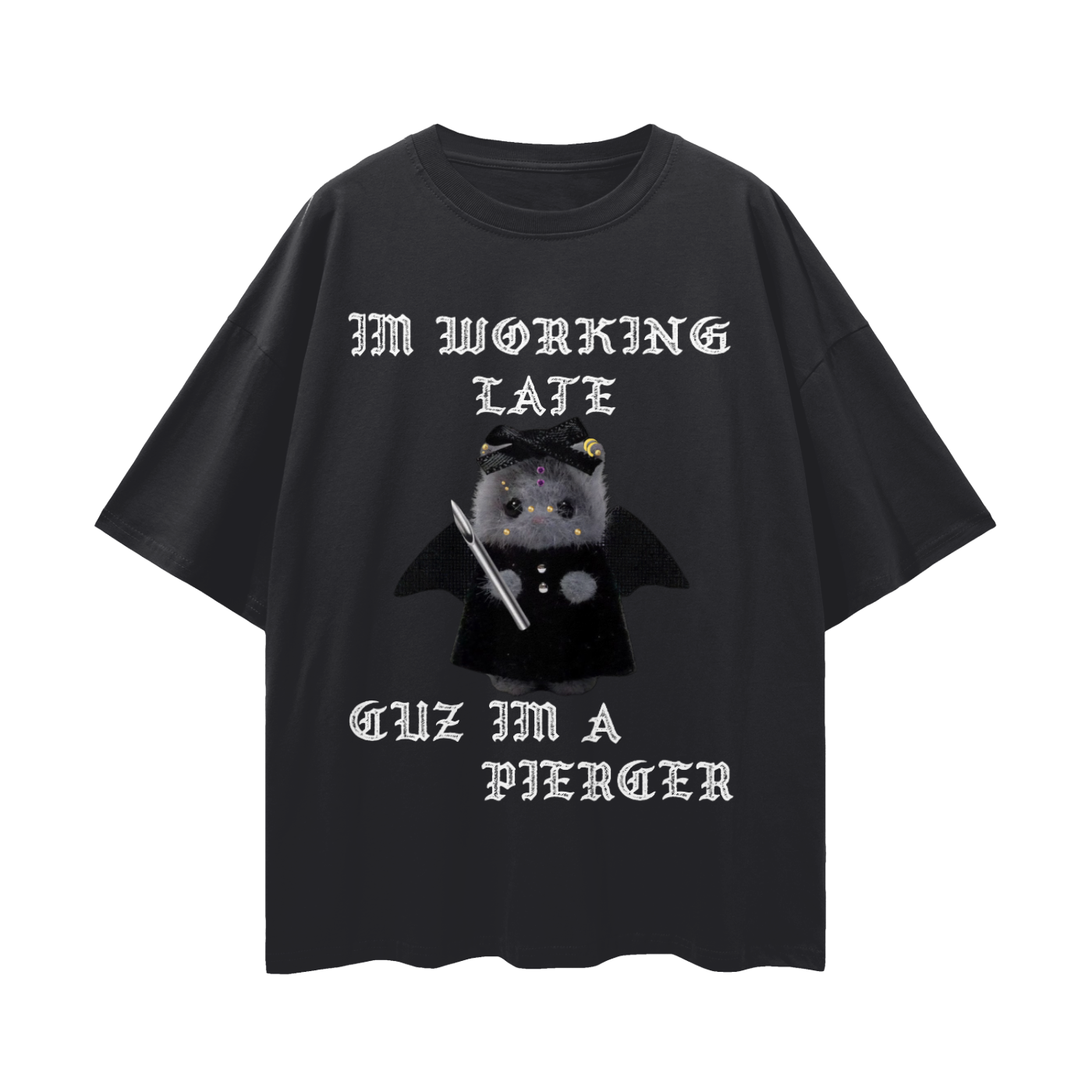 Cutie💀Bat Working Late Streetwear Loose Drop Shoulder T-Shirt