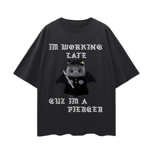 Cutie💀Bat Working Late Streetwear Loose Drop Shoulder T-Shirt