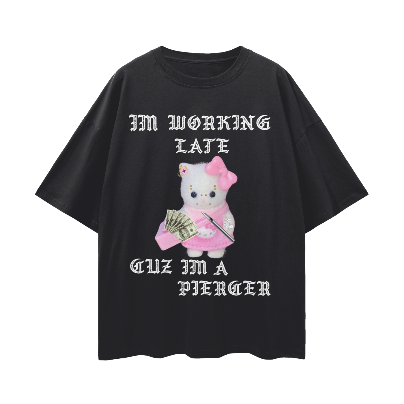Cutie🎀Cat Working Late Streetwear Loose Drop Shoulder T-Shirt