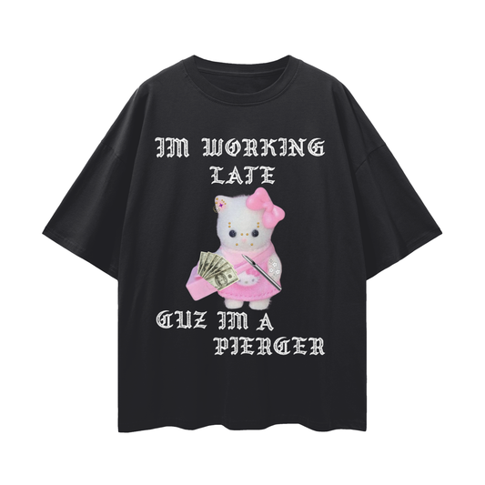 Cutie🎀Cat Working Late Streetwear Loose Drop Shoulder T-Shirt